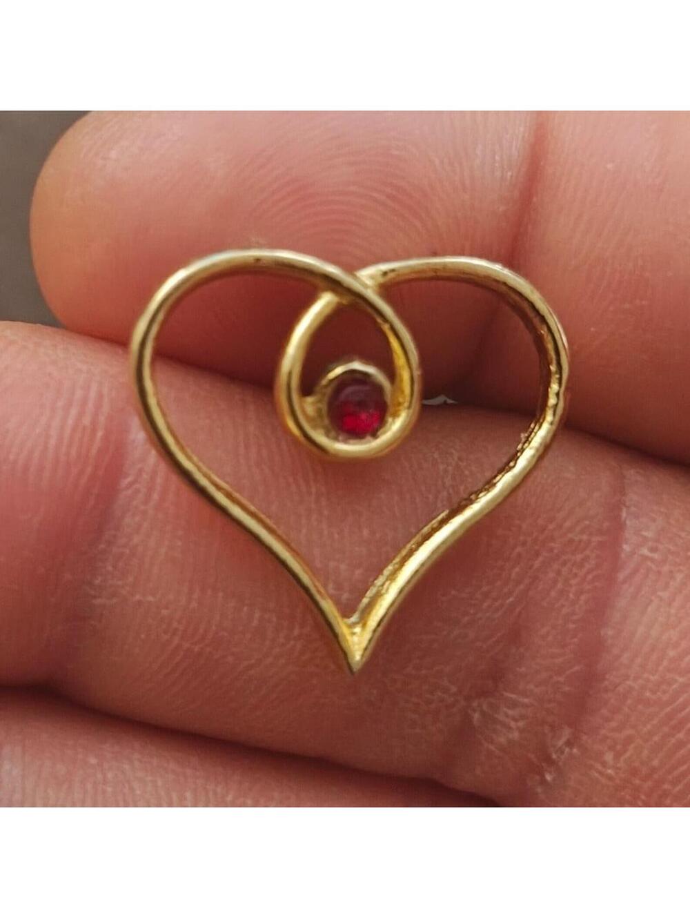 1980s Gold Tone Heart With Small Red Gemstone In Center Pin